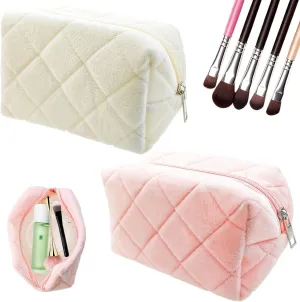 2 PACK Makeup Bag, Medium Pink White Cosmetic Bag Set, Fluffy Make Up Bag Organizer Case, Checkered Cosmetic Bag, Zippered Toiletry Bag Organizer Makeup Brushes Storage Bag