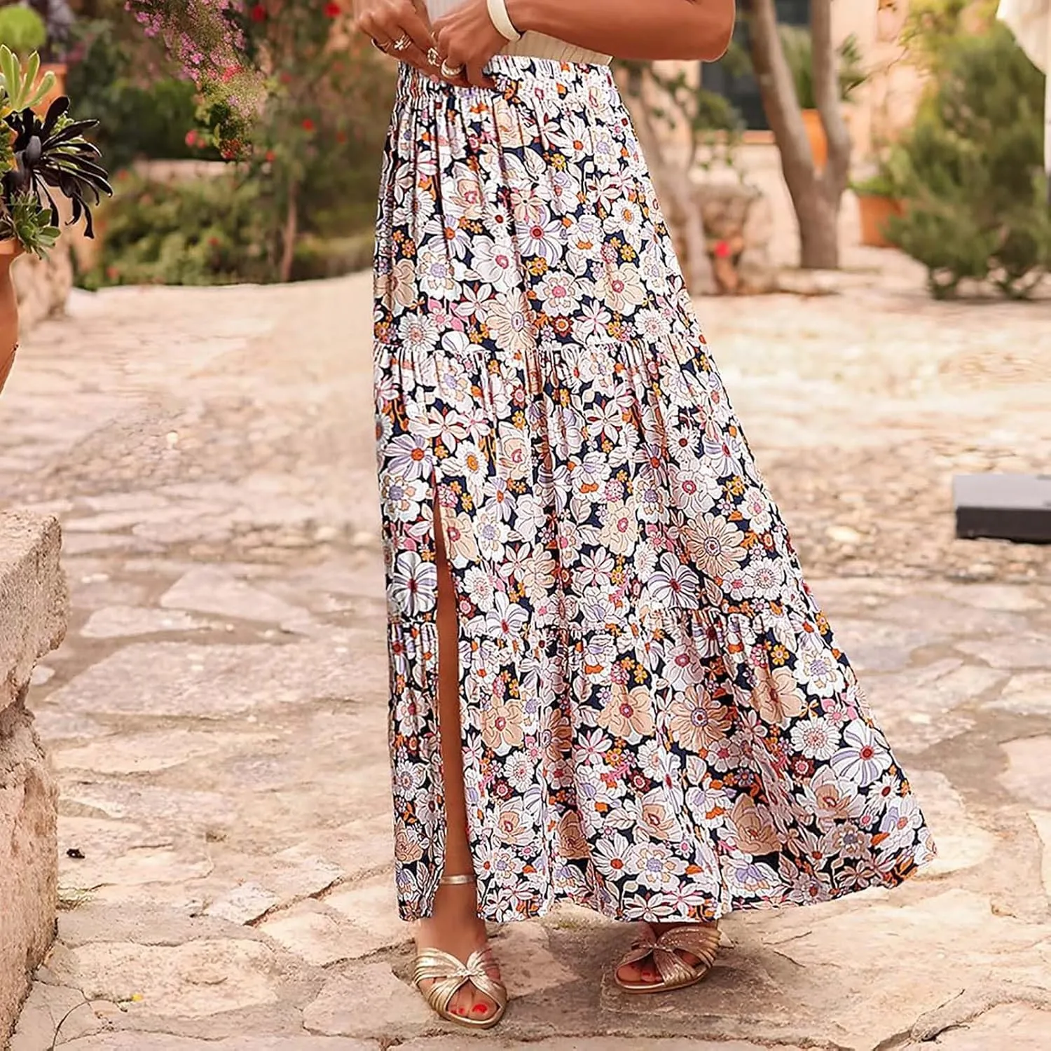 2025 Floral Skirts for Women Flowy Boho Summer Skirt Elastic Waist Bohemian Beach Maxi Skirt Resort Wear