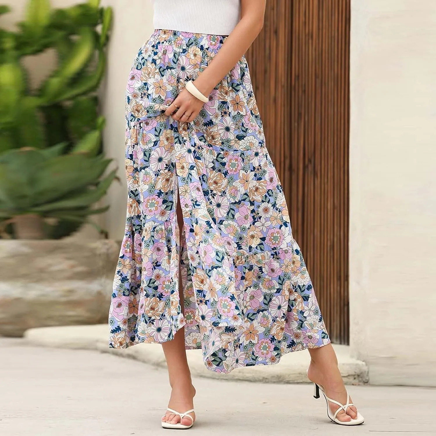 2025 Floral Skirts for Women Flowy Boho Summer Skirt Elastic Waist Bohemian Beach Maxi Skirt Resort Wear
