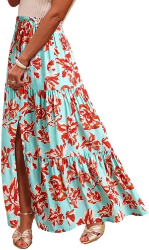 2025 Floral Skirts for Women Flowy Boho Summer Skirt Elastic Waist Bohemian Beach Maxi Skirt Resort Wear