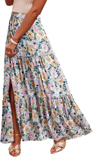 2025 Floral Skirts for Women Flowy Boho Summer Skirt Elastic Waist Bohemian Beach Maxi Skirt Resort Wear