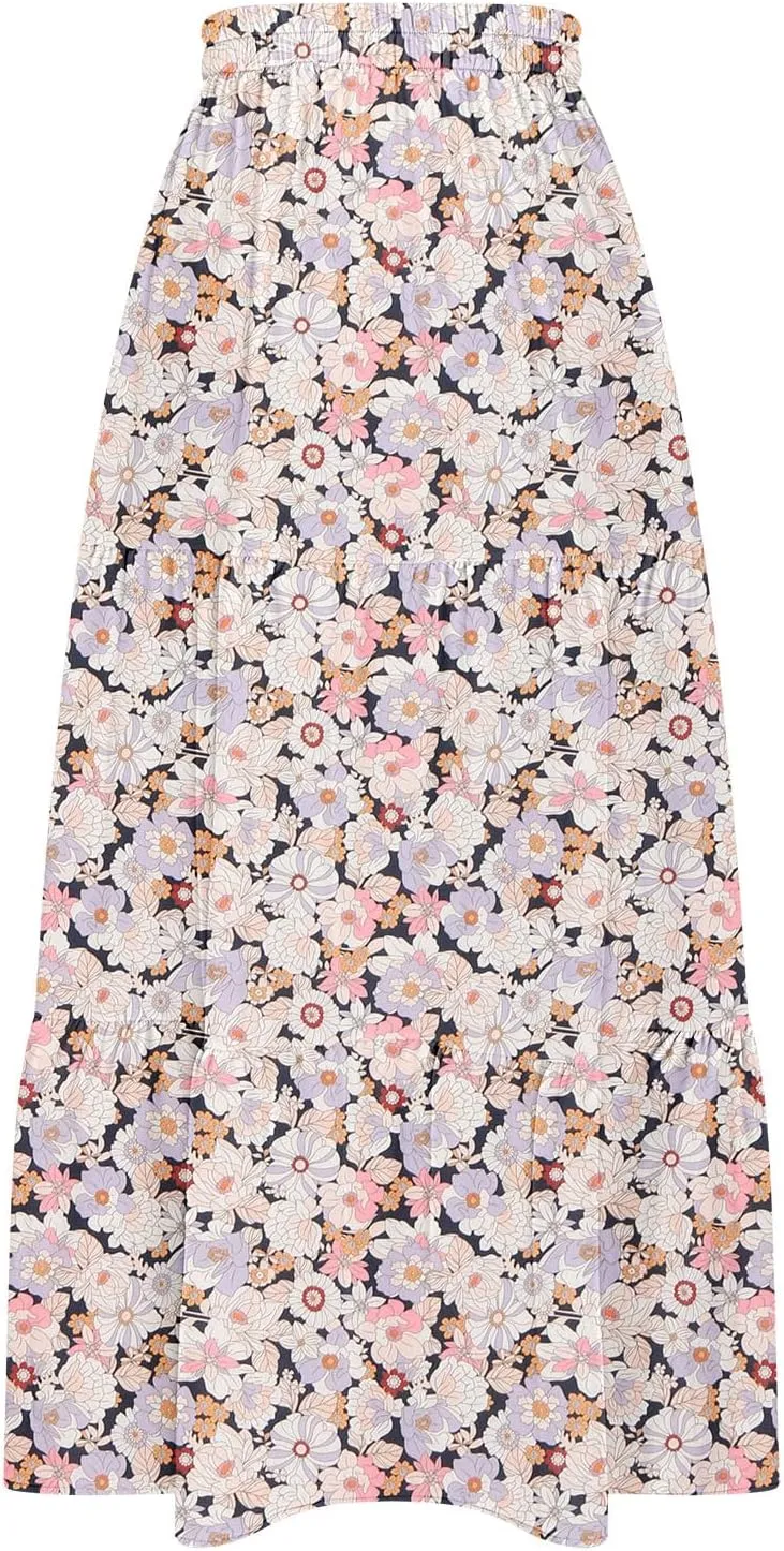 2025 Floral Skirts for Women Flowy Boho Summer Skirt Elastic Waist Bohemian Beach Maxi Skirt Resort Wear
