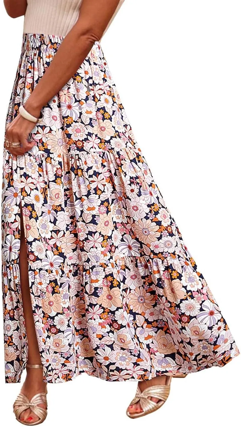 2025 Floral Skirts for Women Flowy Boho Summer Skirt Elastic Waist Bohemian Beach Maxi Skirt Resort Wear