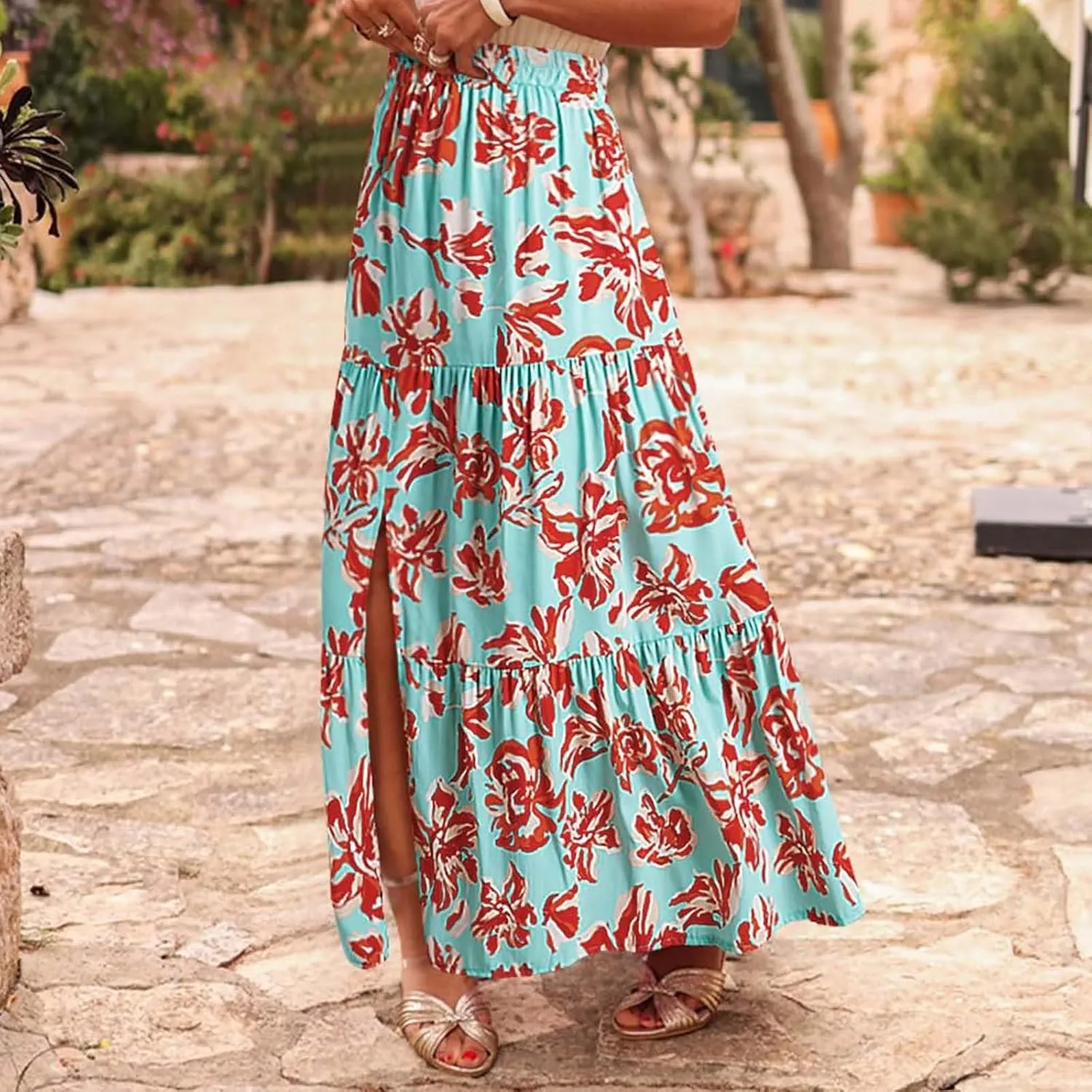 2025 Floral Skirts for Women Flowy Boho Summer Skirt Elastic Waist Bohemian Beach Maxi Skirt Resort Wear