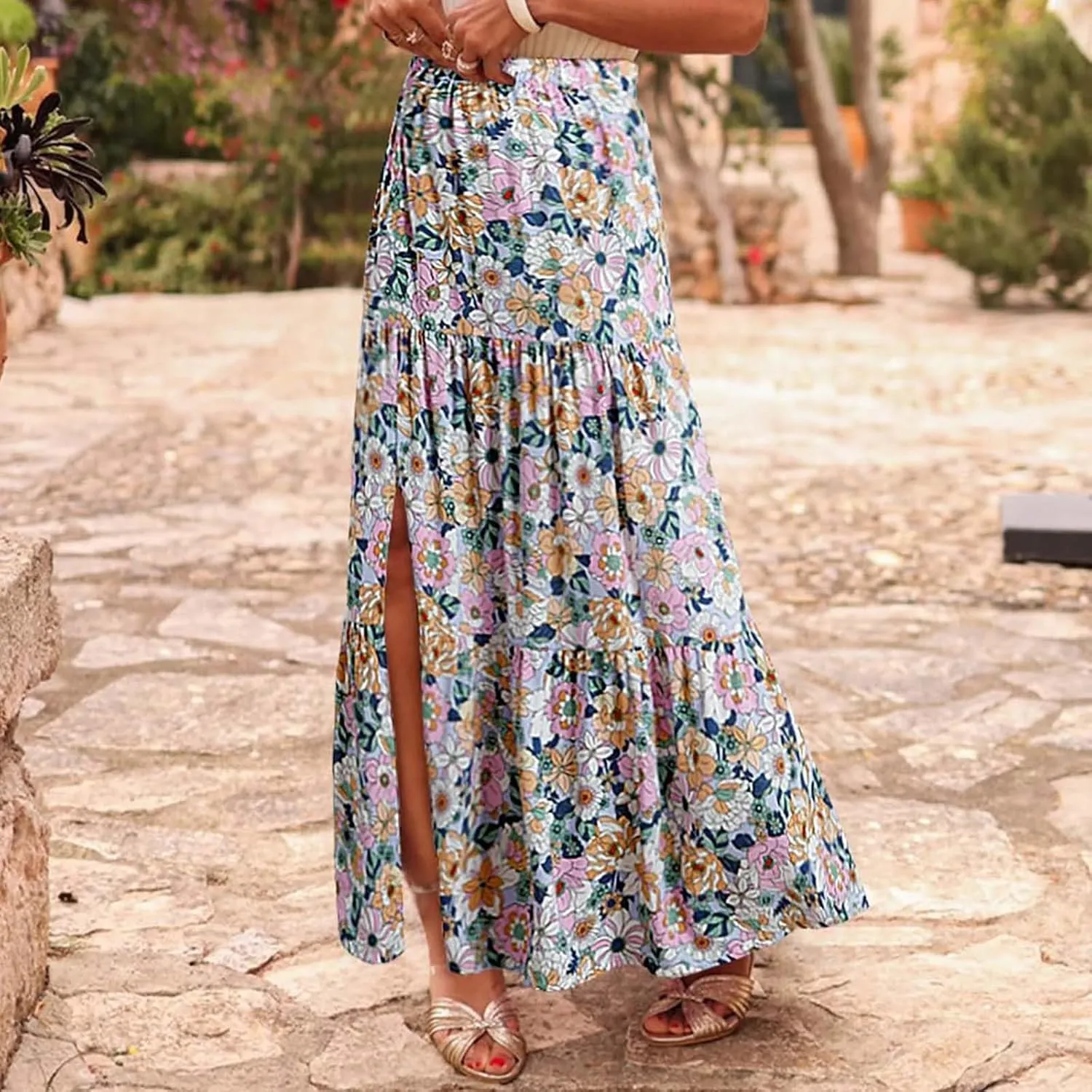 2025 Floral Skirts for Women Flowy Boho Summer Skirt Elastic Waist Bohemian Beach Maxi Skirt Resort Wear