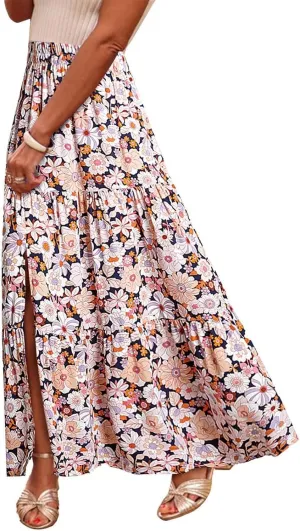 2025 Floral Skirts for Women Flowy Boho Summer Skirt Elastic Waist Bohemian Beach Maxi Skirt Resort Wear