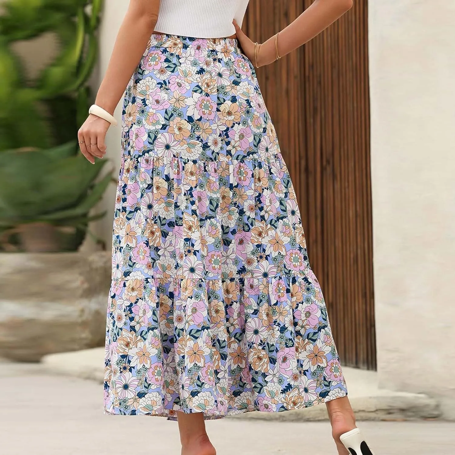 2025 Floral Skirts for Women Flowy Boho Summer Skirt Elastic Waist Bohemian Beach Maxi Skirt Resort Wear