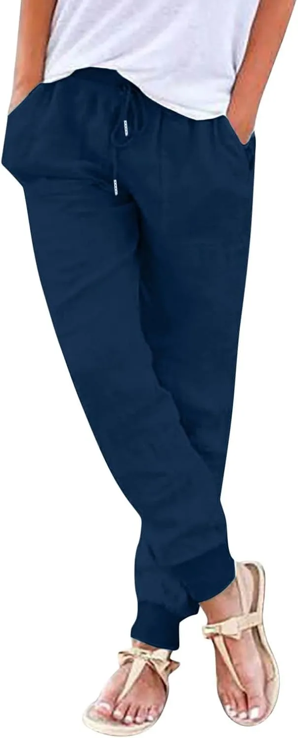 2025 Linen Pants for Women, Plus Size Trendy Solid Color Spring Summer Gauze Casual Elastic Waist Comfy Soft Trousers
