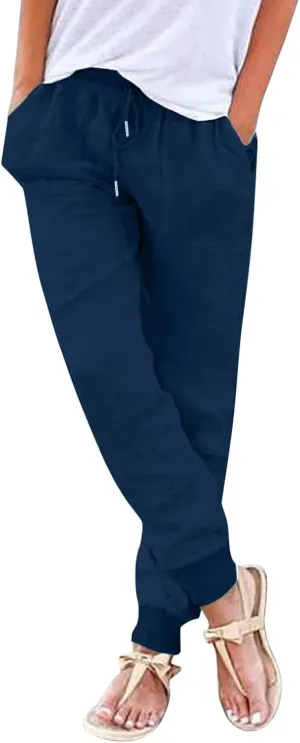 2025 Linen Pants for Women, Plus Size Trendy Solid Color Spring Summer Gauze Casual Elastic Waist Comfy Soft Trousers
