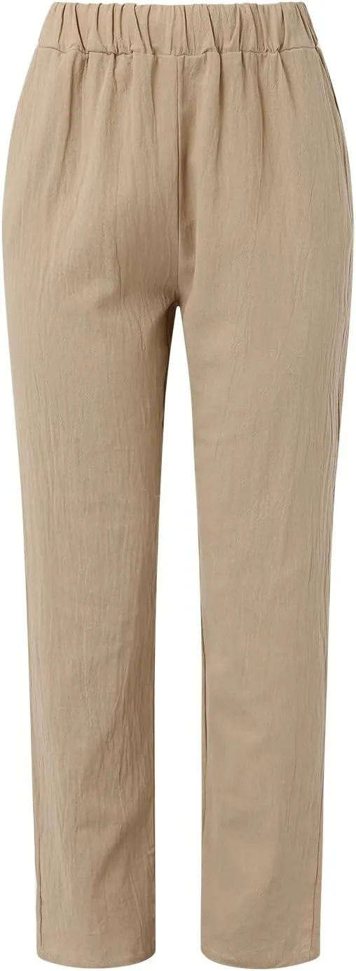2025 Linen Pants for Women Summer High Waist Elastic Straight Leg Lounge Pant Casual Loose Lightweight Beach Trousers
