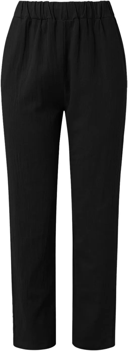 2025 Linen Pants for Women Summer High Waist Elastic Straight Leg Lounge Pant Casual Loose Lightweight Beach Trousers