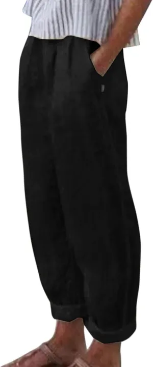2025 Linen Pants for Women Summer High Waist Elastic Straight Leg Lounge Pant Casual Loose Lightweight Beach Trousers