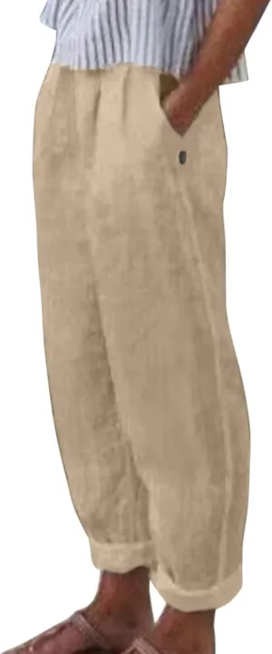 2025 Linen Pants for Women Summer High Waist Elastic Straight Leg Lounge Pant Casual Loose Lightweight Beach Trousers