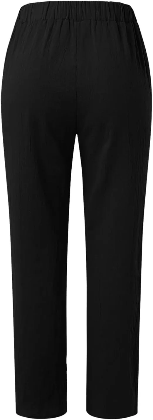 2025 Linen Pants for Women Summer High Waist Elastic Straight Leg Lounge Pant Casual Loose Lightweight Beach Trousers
