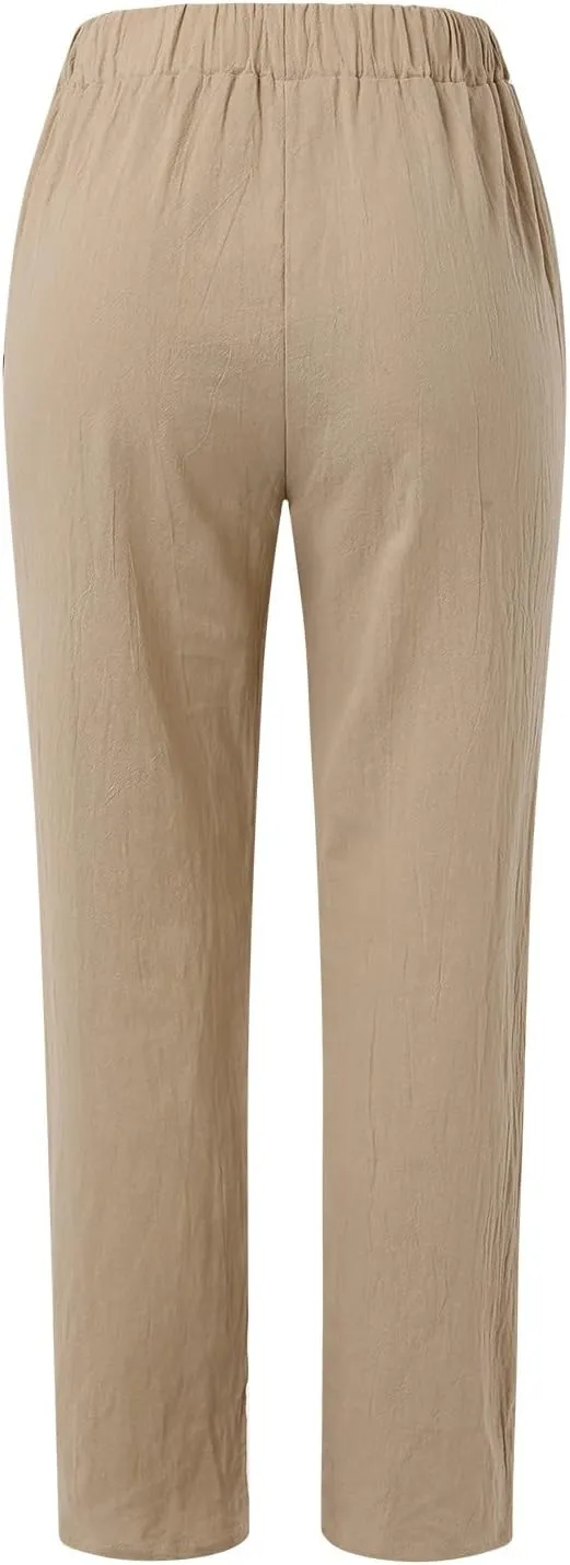 2025 Linen Pants for Women Summer High Waist Elastic Straight Leg Lounge Pant Casual Loose Lightweight Beach Trousers
