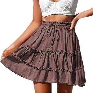 2025 Summer Boho Skirts for Women Tiered Pleated Mini Skirt Solid Bohemian Beach Vacation Skirts Cruise Clothes