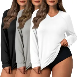 3 Pack Women's Plus Size Long Sleeve Rash Guards, UV Sun Protection Shirts Quick Dry V Neck Swim Tops Fishing Tee