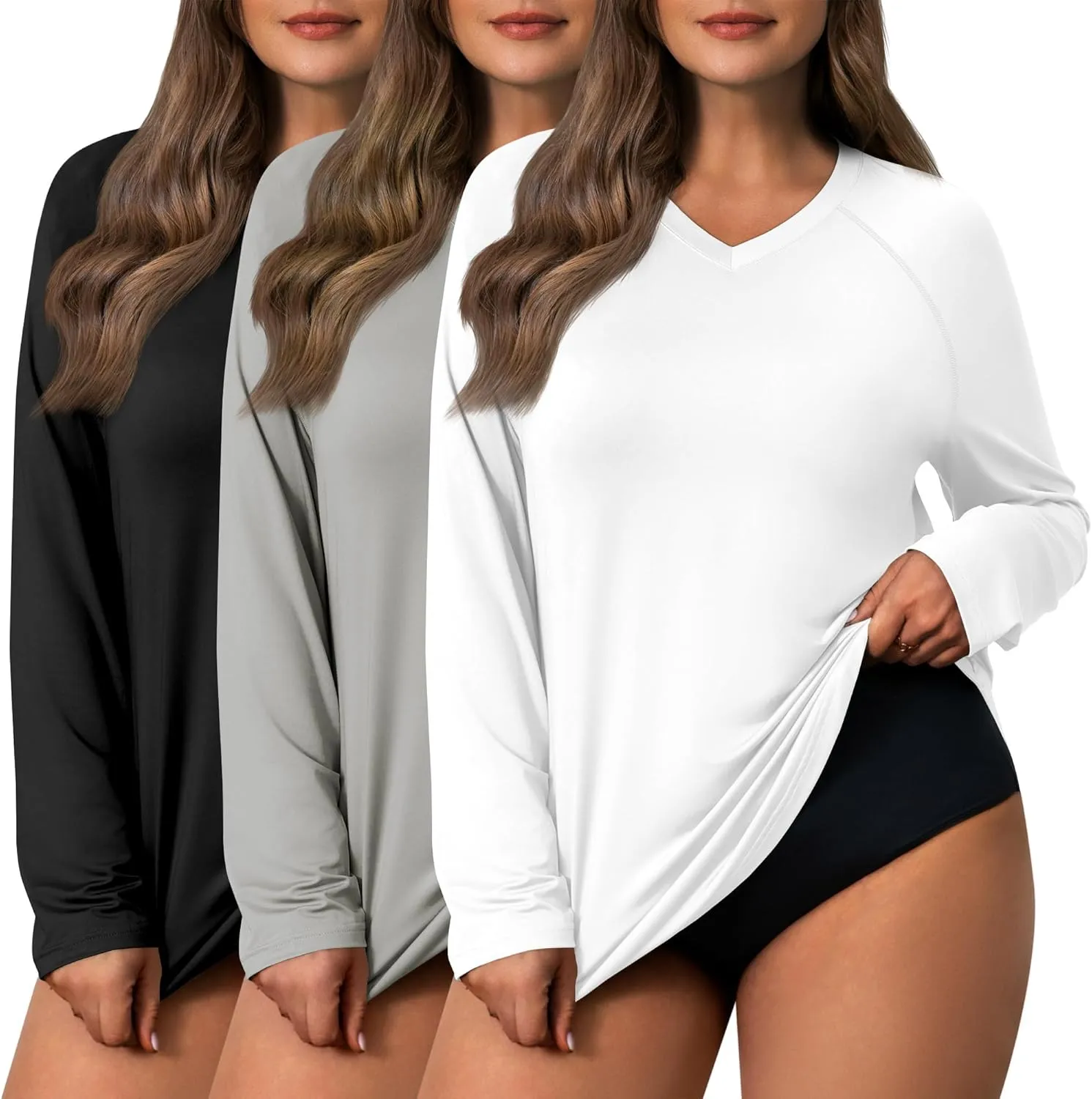 3 Pack Women's Plus Size Long Sleeve Rash Guards, UV Sun Protection Shirts Quick Dry V Neck Swim Tops Fishing Tee