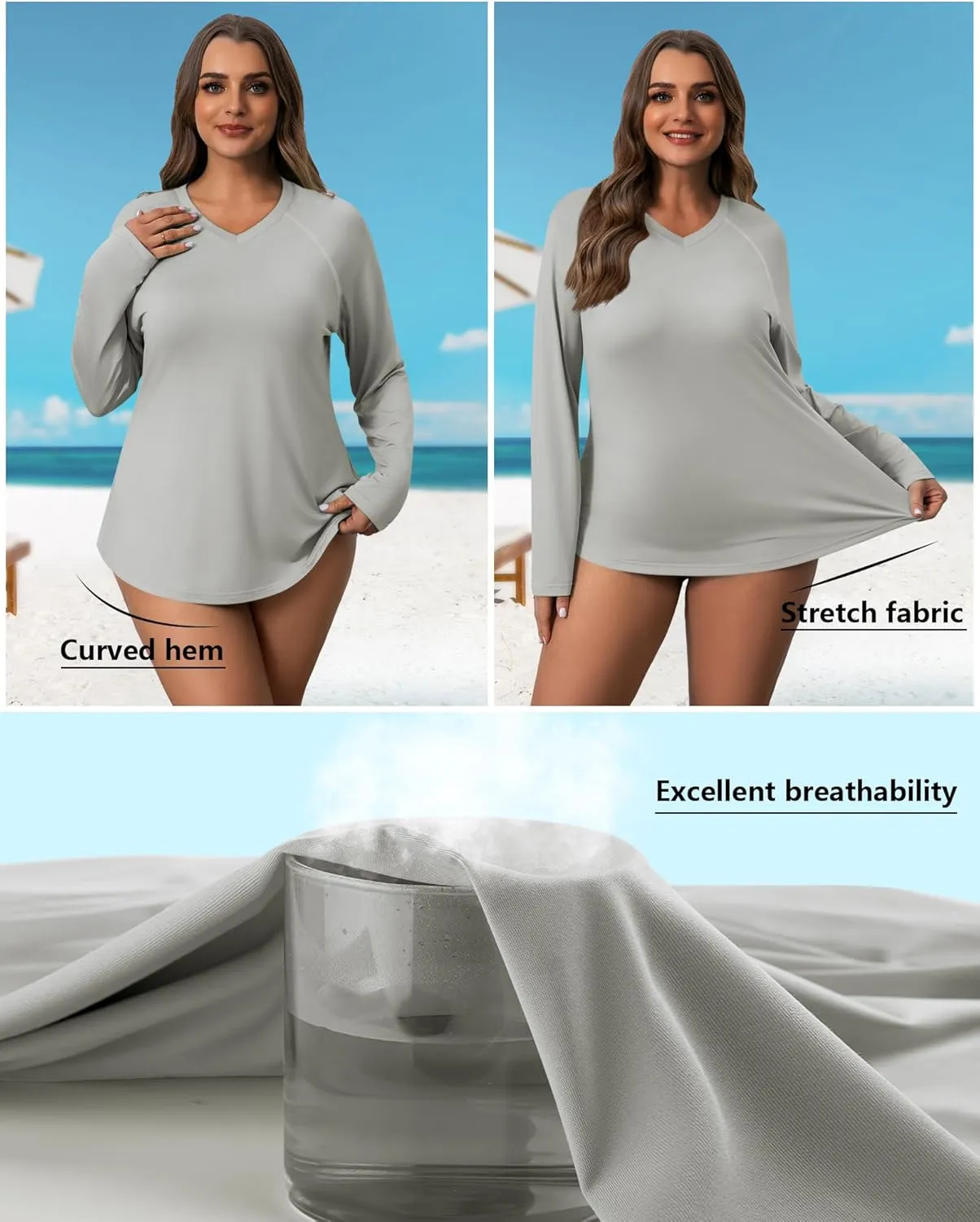 3 Pack Women's Plus Size Long Sleeve Rash Guards, UV Sun Protection Shirts Quick Dry V Neck Swim Tops Fishing Tee