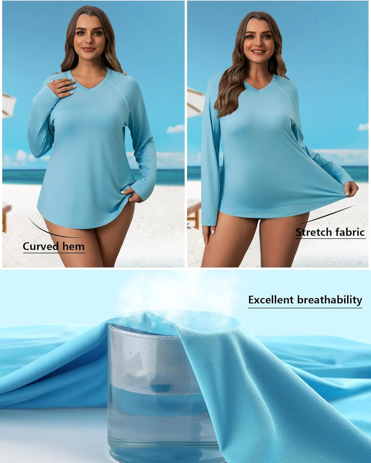 3 Pack Women's Plus Size Long Sleeve Rash Guards, UV Sun Protection Shirts Quick Dry V Neck Swim Tops Fishing Tee