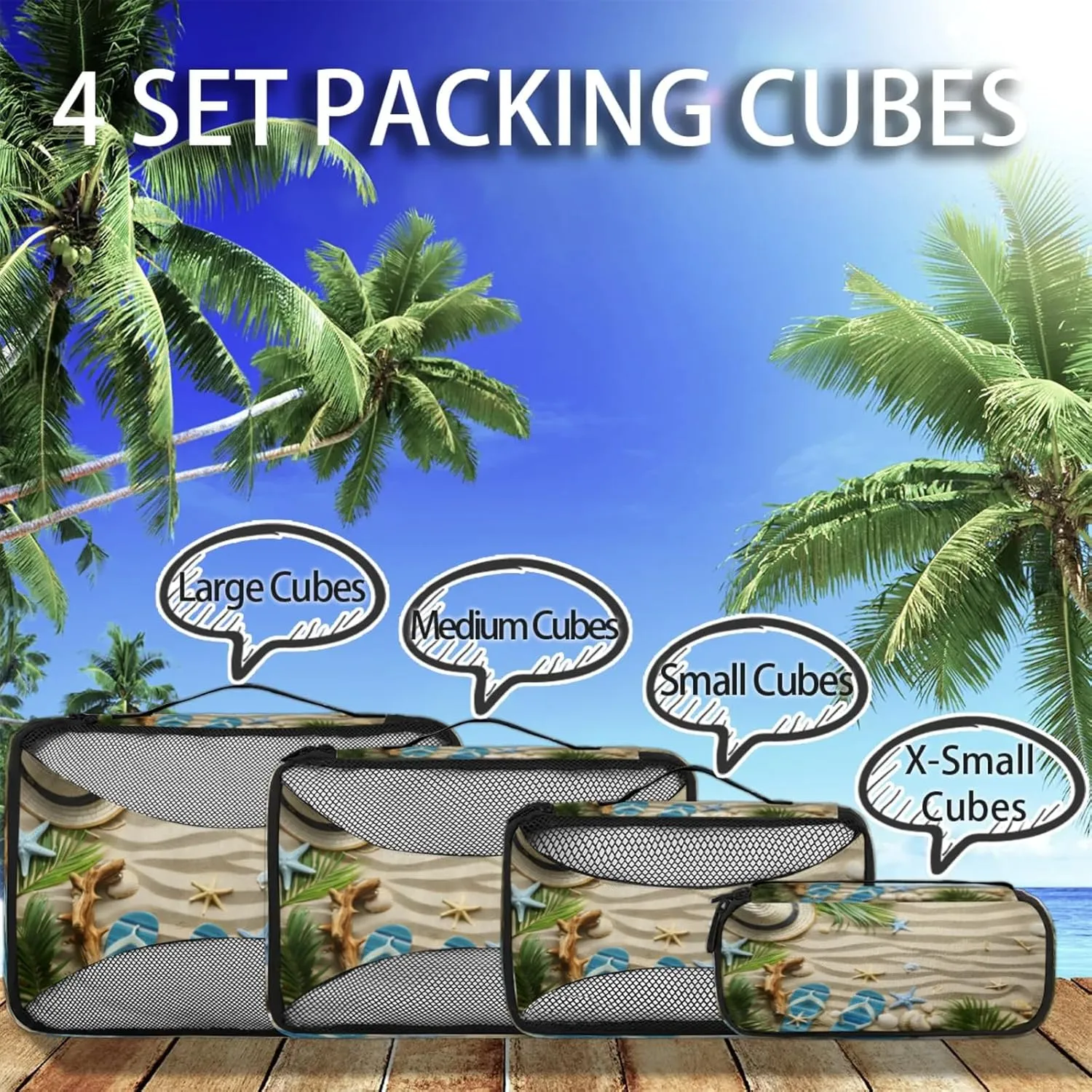 4 Set Packing Cubes for Travel, Coastal Nautical Beach Themed Packing Cubes for Women, Travel Luggage Packing Organizers, Packing Cube Set,