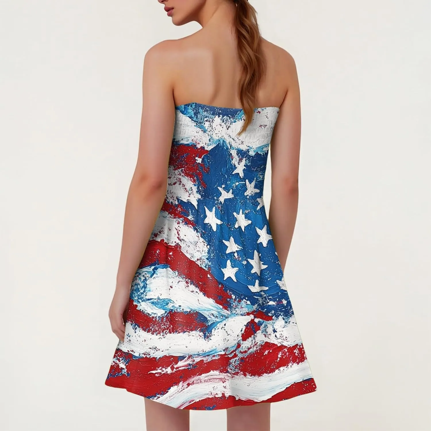 4th of July Dresses for Women American Flag Strapless Sundress Summer Beach Boho Smocked Tube Top Dress