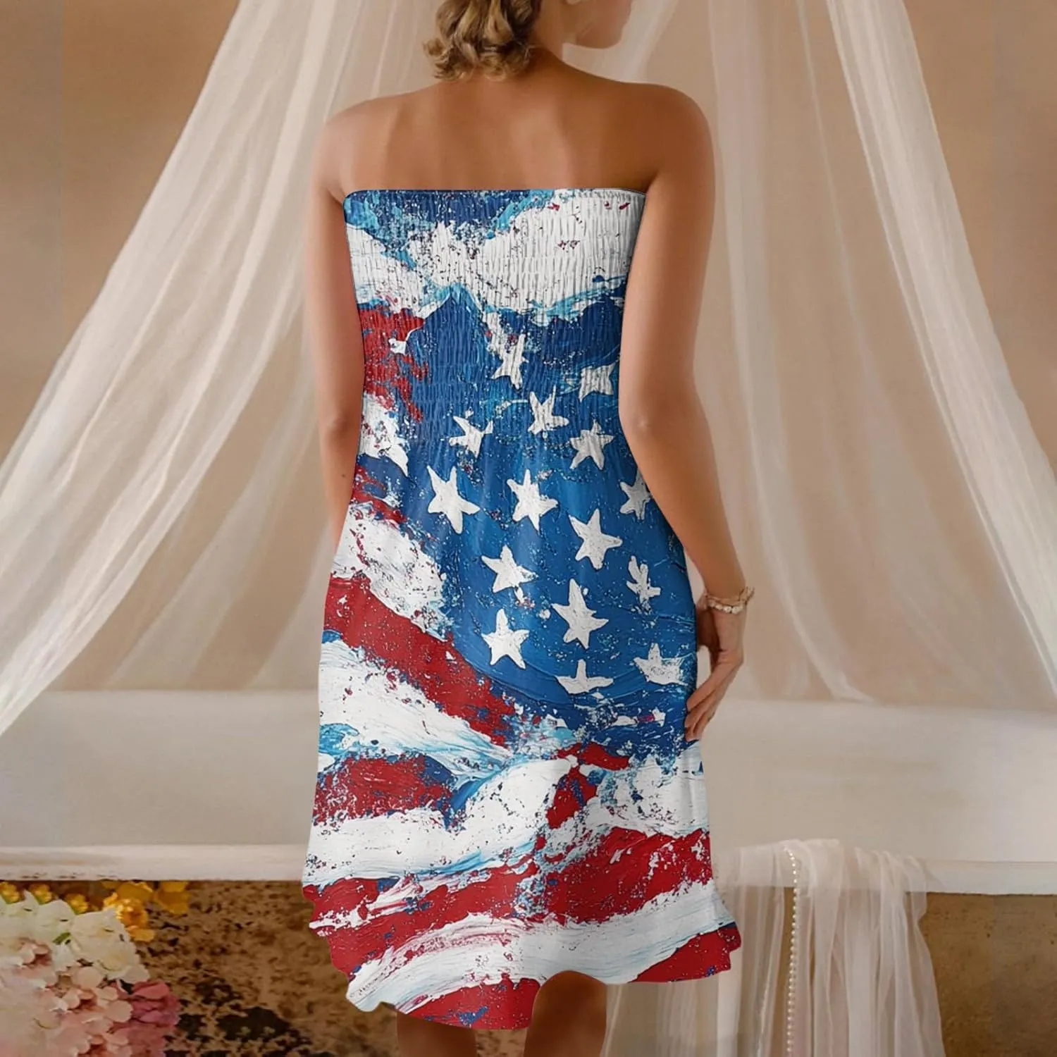 4th of July Dresses for Women American Flag Strapless Sundress Summer Beach Boho Smocked Tube Top Dress