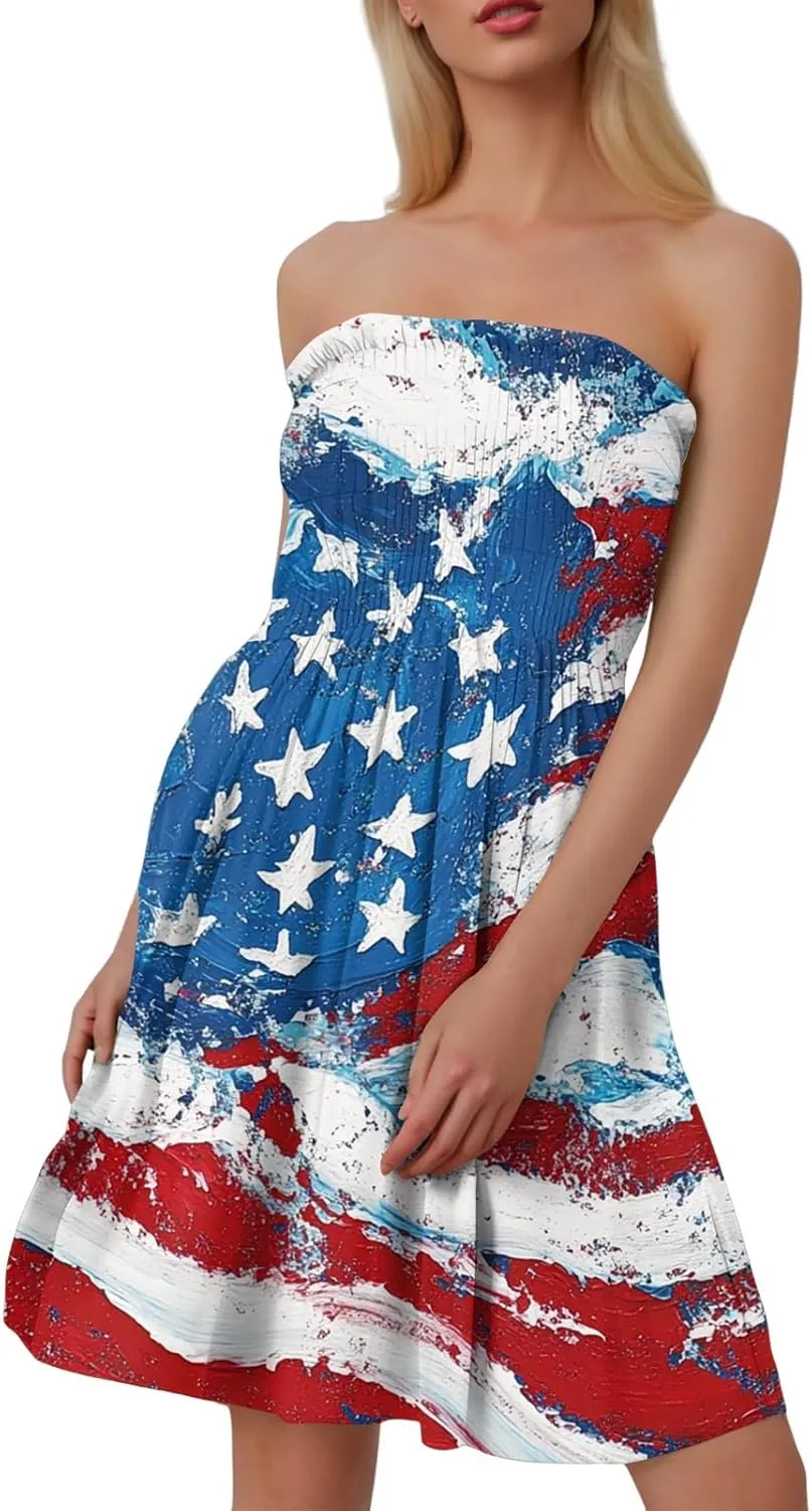 4th of July Dresses for Women American Flag Strapless Sundress Summer Beach Boho Smocked Tube Top Dress
