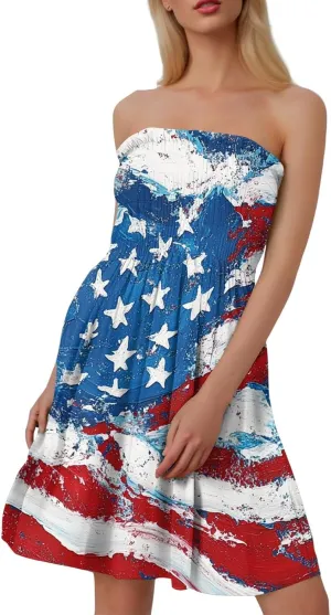 4th of July Dresses for Women American Flag Strapless Sundress Summer Beach Boho Smocked Tube Top Dress