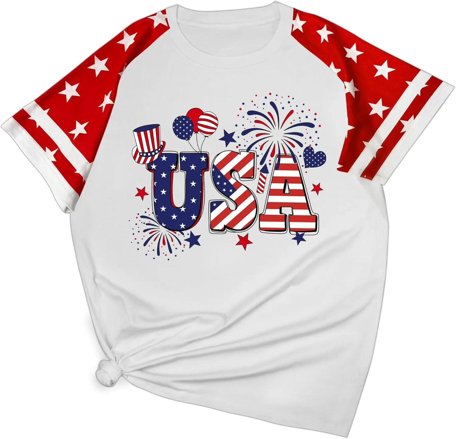 4th of July Shirts Women Plus Size:USA Color-Blocking Short-Sleeve American Flag Crew Neck Graphic T-Shirt