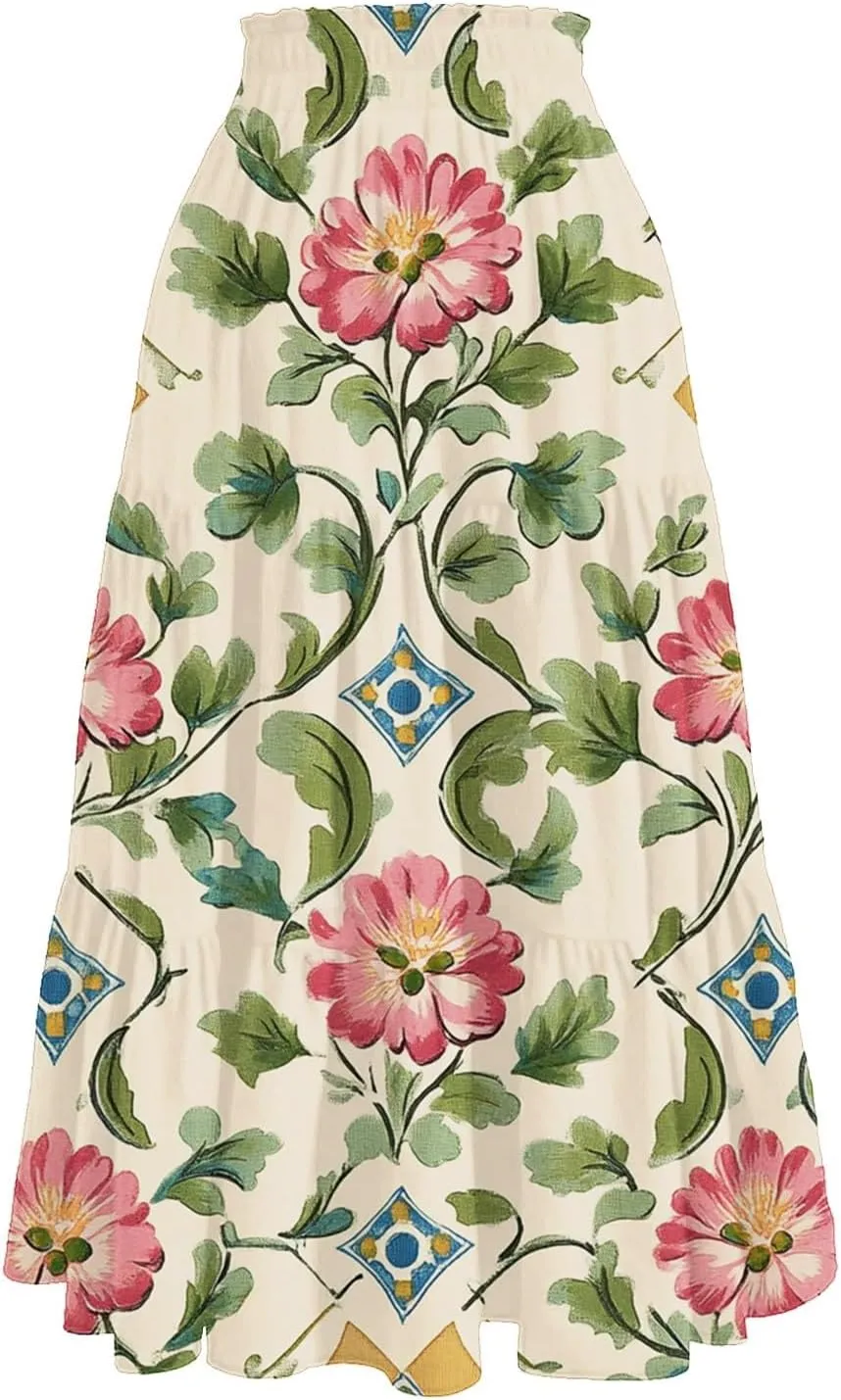 ADHOWBEW Floral Maxi Skirt for Women Trendy Flowy Sexy Elastic Waist High Waist Cotton Bohemian Skirts