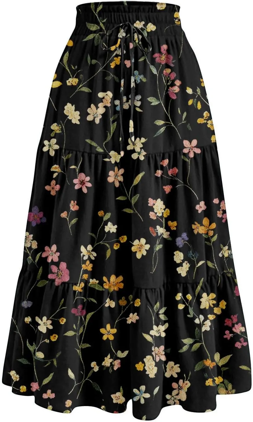 ADHOWBEW Floral Maxi Skirt for Women Trendy Flowy Sexy Elastic Waist High Waist Cotton Bohemian Skirts