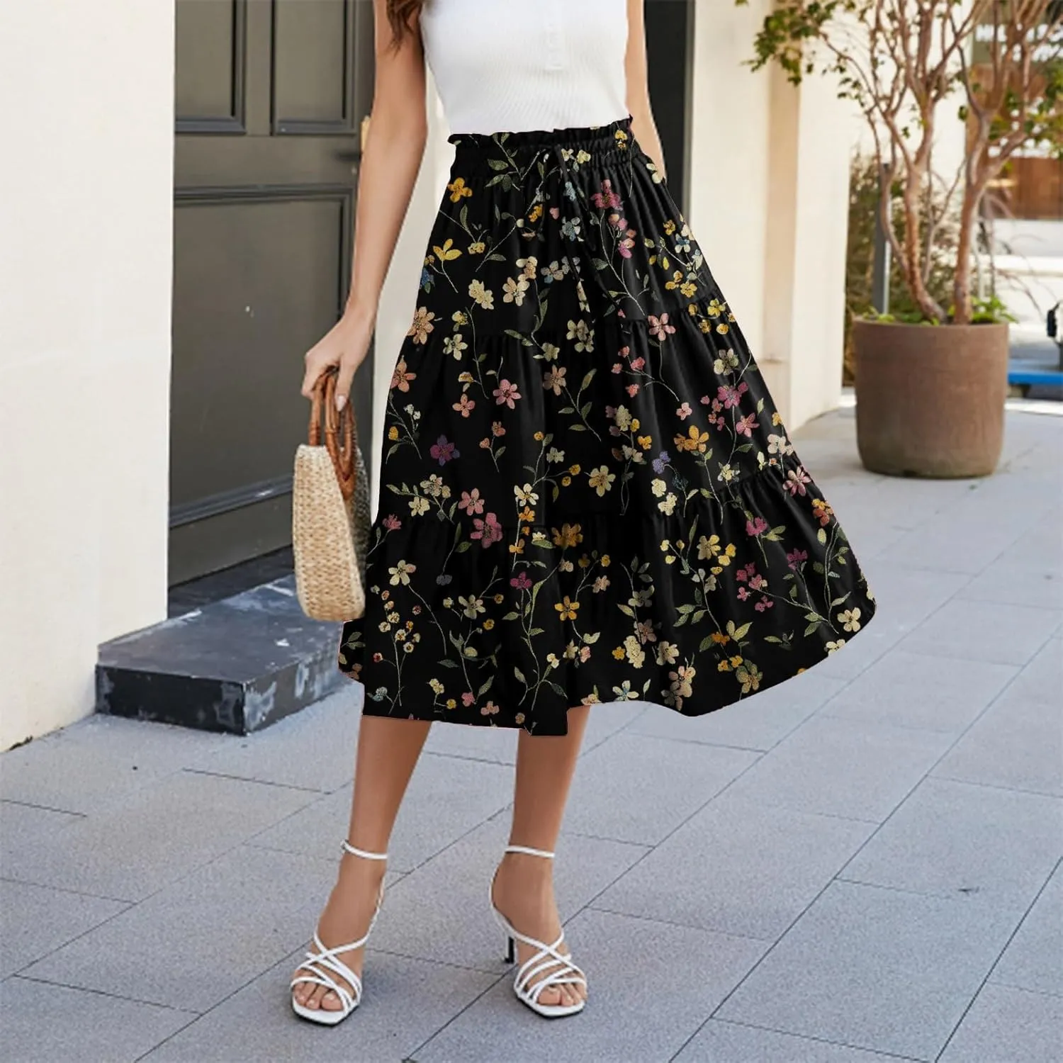 ADHOWBEW Floral Maxi Skirt for Women Trendy Flowy Sexy Elastic Waist High Waist Cotton Bohemian Skirts