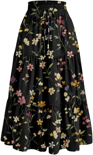 ADHOWBEW Floral Maxi Skirt for Women Trendy Flowy Sexy Elastic Waist High Waist Cotton Bohemian Skirts
