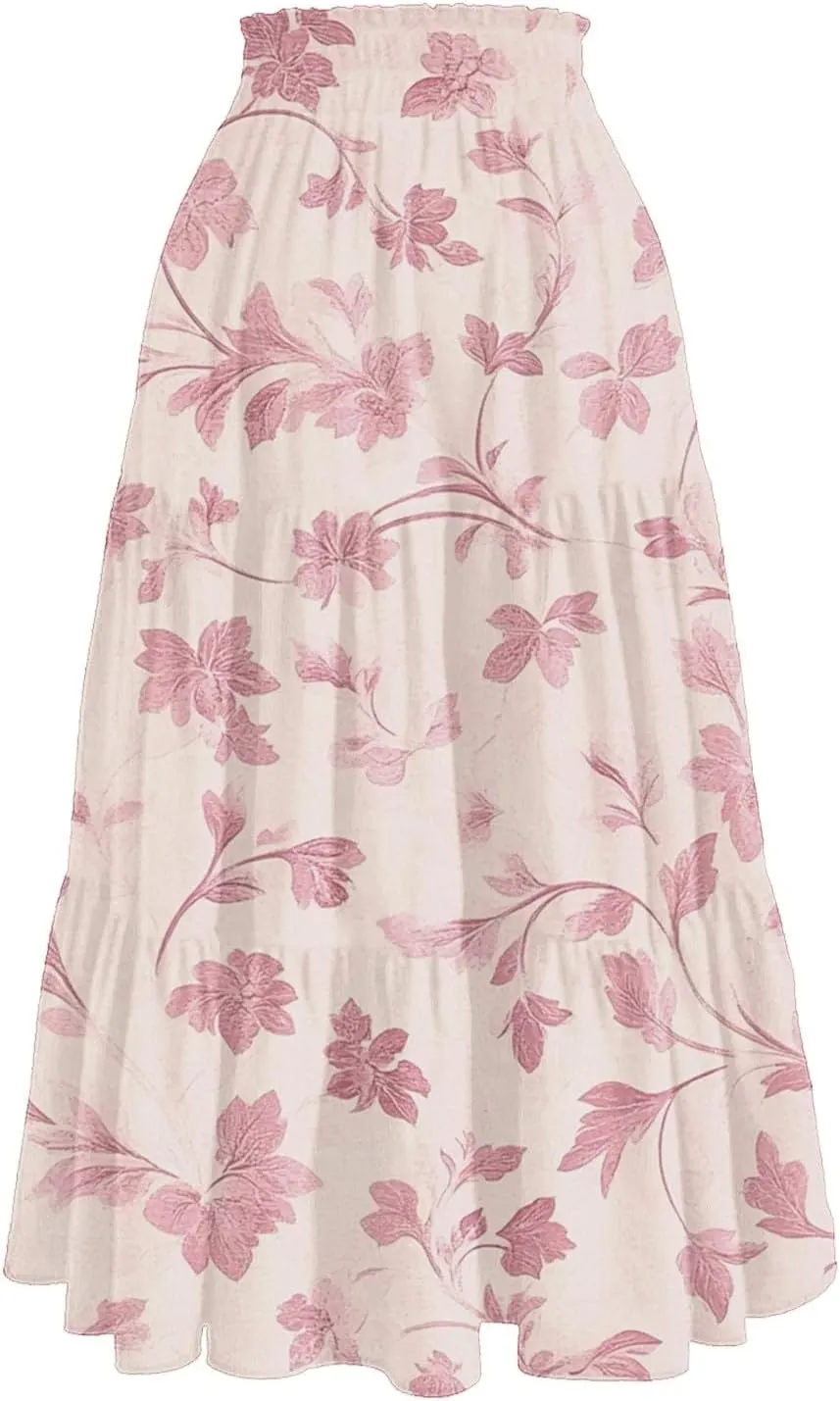 ADHOWBEW Floral Maxi Skirt for Women Trendy Flowy Sexy Elastic Waist High Waist Cotton Bohemian Skirts