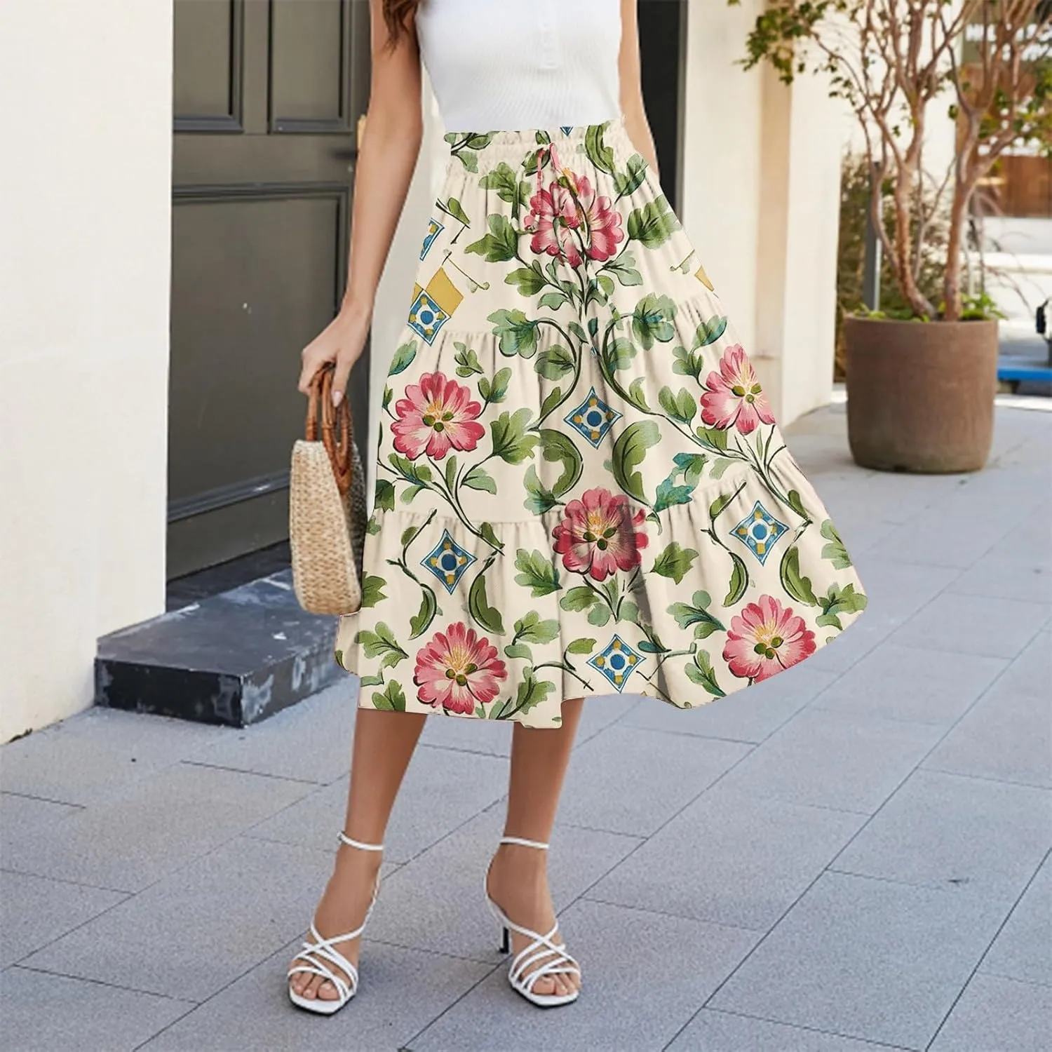 ADHOWBEW Floral Maxi Skirt for Women Trendy Flowy Sexy Elastic Waist High Waist Cotton Bohemian Skirts