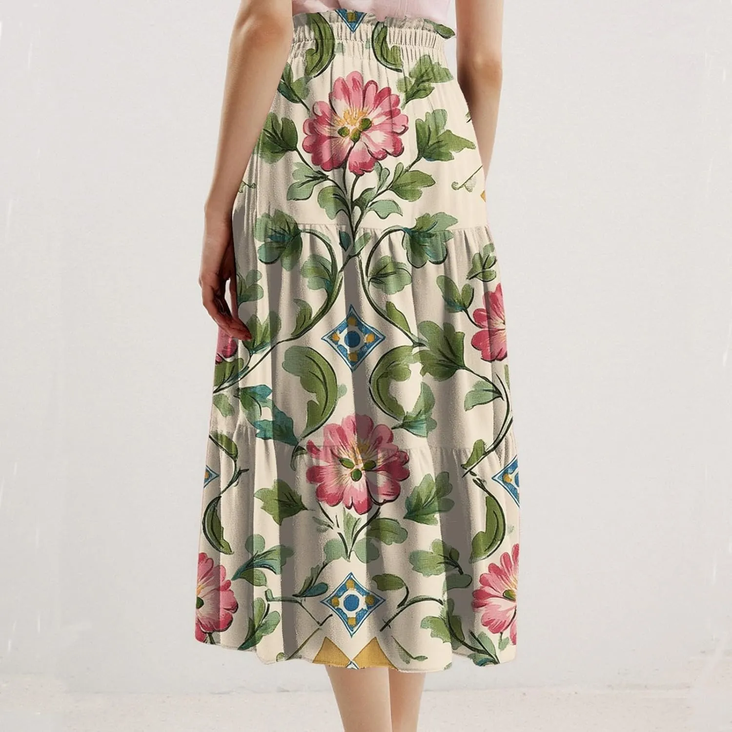 ADHOWBEW Floral Maxi Skirt for Women Trendy Flowy Sexy Elastic Waist High Waist Cotton Bohemian Skirts