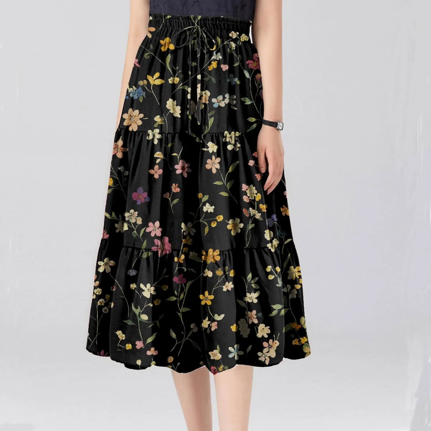 ADHOWBEW Floral Maxi Skirt for Women Trendy Flowy Sexy Elastic Waist High Waist Cotton Bohemian Skirts