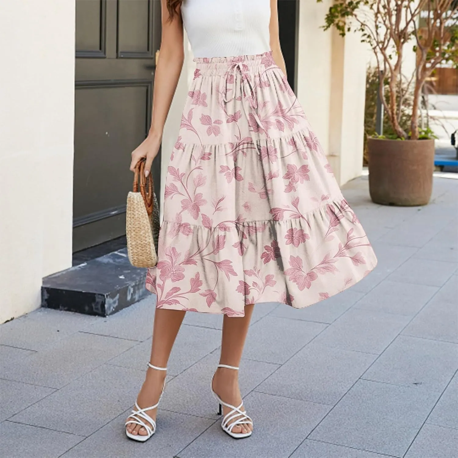 ADHOWBEW Floral Maxi Skirt for Women Trendy Flowy Sexy Elastic Waist High Waist Cotton Bohemian Skirts