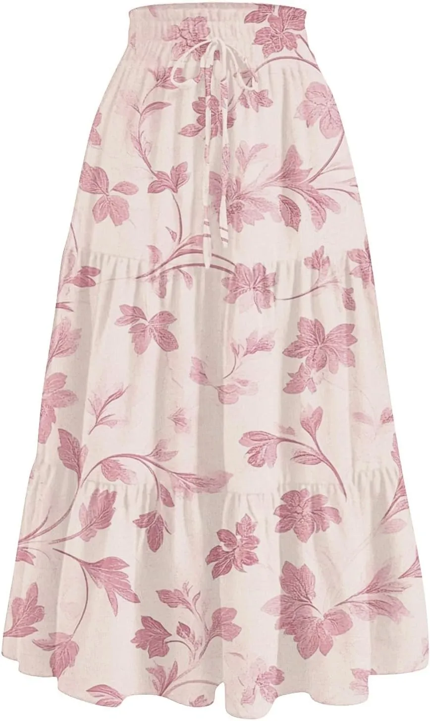ADHOWBEW Floral Maxi Skirt for Women Trendy Flowy Sexy Elastic Waist High Waist Cotton Bohemian Skirts