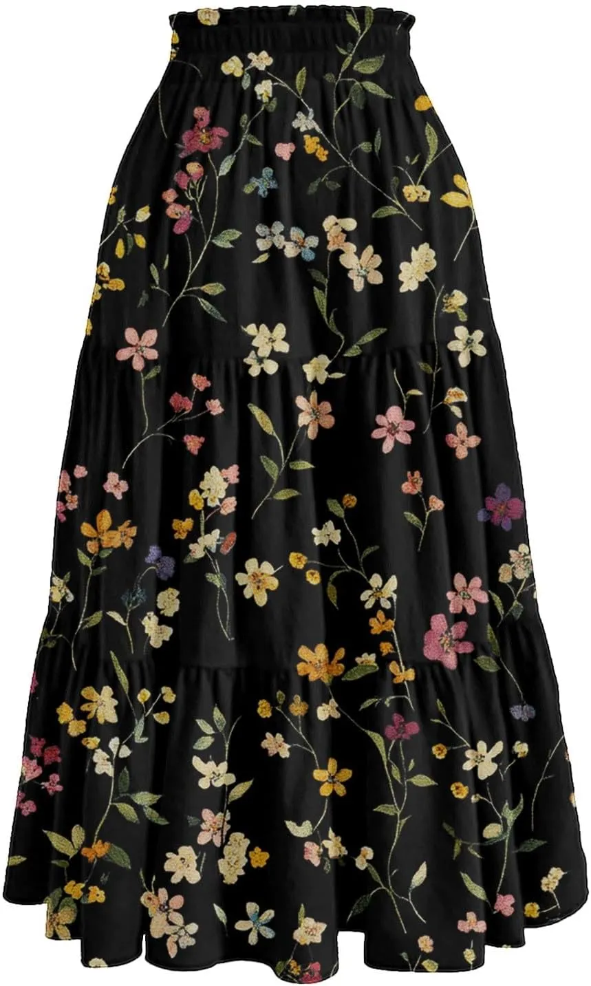 ADHOWBEW Floral Maxi Skirt for Women Trendy Flowy Sexy Elastic Waist High Waist Cotton Bohemian Skirts