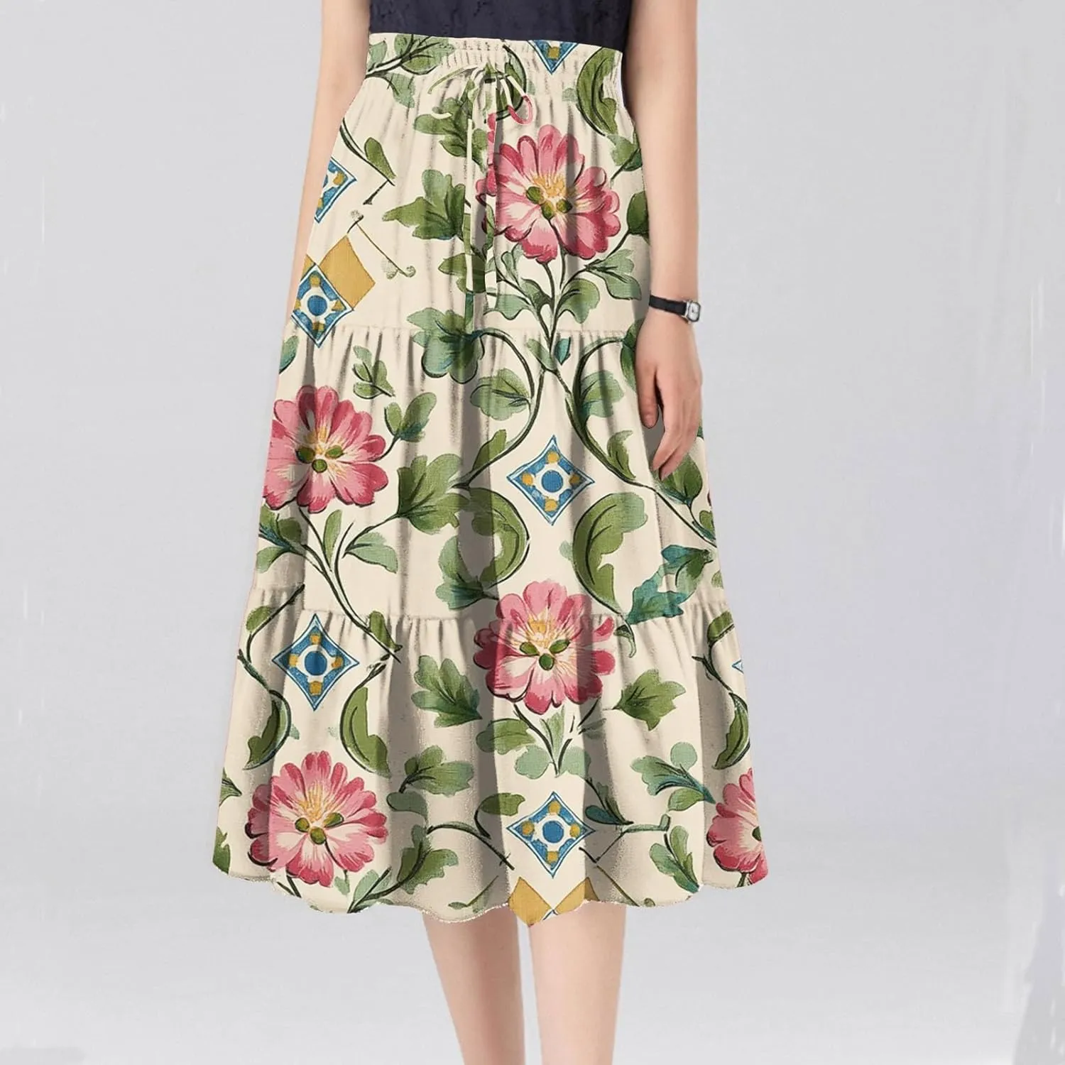 ADHOWBEW Floral Maxi Skirt for Women Trendy Flowy Sexy Elastic Waist High Waist Cotton Bohemian Skirts