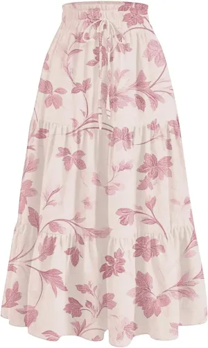 ADHOWBEW Floral Maxi Skirt for Women Trendy Flowy Sexy Elastic Waist High Waist Cotton Bohemian Skirts