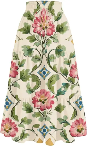 ADHOWBEW Floral Maxi Skirt for Women Trendy Flowy Sexy Elastic Waist High Waist Cotton Bohemian Skirts