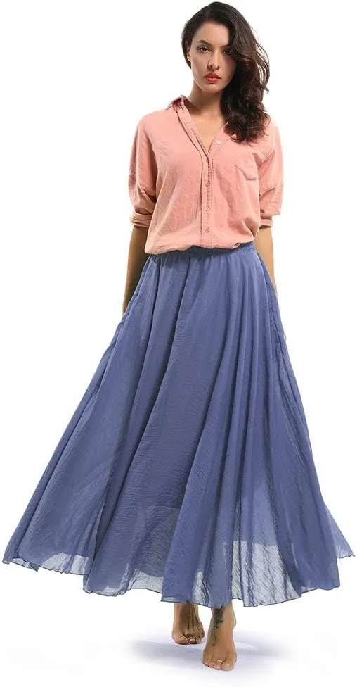 Aeslech Women's Bohemian Elastic Waist A Line Long Maxi Cotton Linen Skirt
