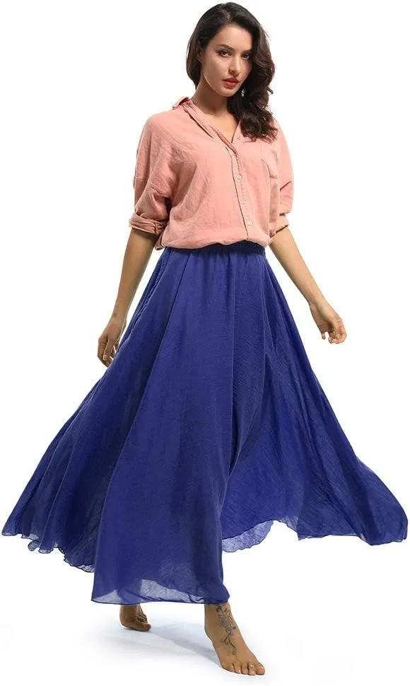Aeslech Women's Bohemian Elastic Waist A Line Long Maxi Cotton Linen Skirt