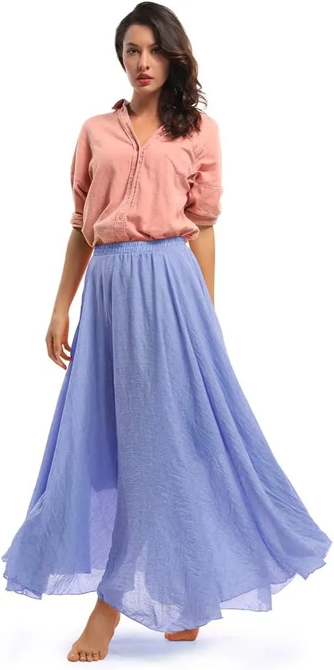 Aeslech Women's Bohemian Elastic Waist A Line Long Maxi Cotton Linen Skirt