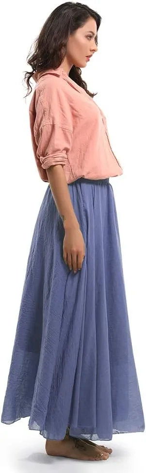 Aeslech Women's Bohemian Elastic Waist A Line Long Maxi Cotton Linen Skirt
