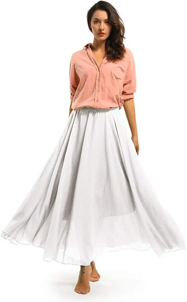Aeslech Women's Bohemian Elastic Waist A Line Long Maxi Cotton Linen Skirt