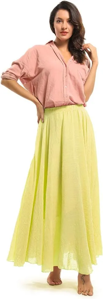 Aeslech Women's Bohemian Elastic Waist A Line Long Maxi Cotton Linen Skirt